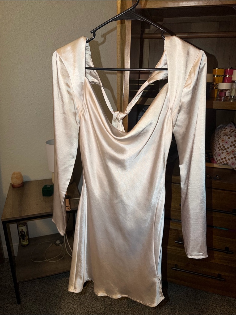 Selfie Leslie Satin Long-Sleeve Cowl Back Pink Mini Dress